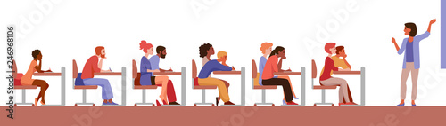 Students in the lecture hall. Students of different Nations listen to the lecture of the teacher.