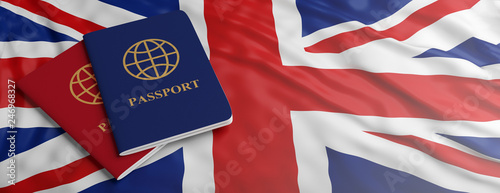 Travelling to UK. Two passports on United Kingdom flag background. 3d illustration