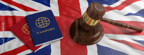 Two passports and a judge gavel on United kingdom flag background. 3d illustration