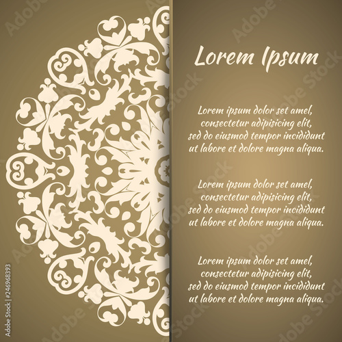 Postcard flyer, frame for congratulations on the wedding, Valentines Day, birthday, invitation, gratitude, celebration, Declaration of love. Vector gold brown background with mandala drawing. eps10