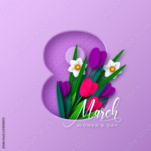 8 March greeting card for International Womens Day. 3d paper cut number 8 with bouquet of spring flowers tulip and narcissus, purple background. Vector illustration.