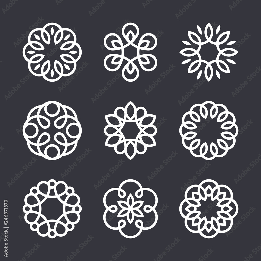 Flower design elements in trendy linear style, vector floral icons and elegant lineart monograms Flower design elements in trendy linear style, vector floral icons and elegant lineart monograms