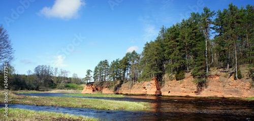 Red cliffs of the Salaca River.Latvia. photo