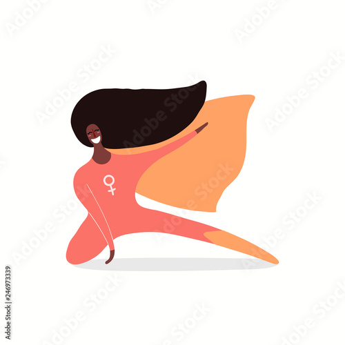 Hand drawn vector illustration of a happy black woman superhero. Isolated objects on white background. Flat style design. Concept, element for feminism, womens day card, poster, banner.
