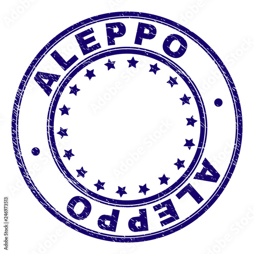 ALEPPO stamp seal imprint with grunge style. Designed with circles and stars. Blue vector rubber print of ALEPPO caption with grunge texture.
