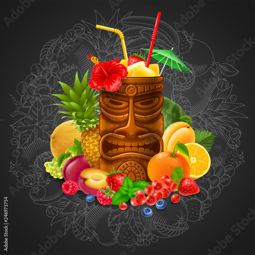 Tiki Cocktail With Fruits On Blackboard Background