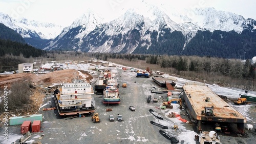 Work boats in a busy Alaskan shipyard 