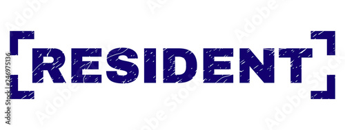 RESIDENT caption seal stamp with grunge texture. Text caption is placed between corners. Blue vector rubber print of RESIDENT with unclean texture.
