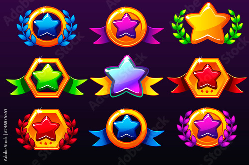 Coloured templates star icons for awards, creating icons for mobile games. Vector concept gambling assets, set Mobile App Icons different forms and Laurel wreath of victory. photo