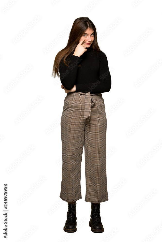 Full-length shot of Pretty girl looking to the front on isolated white background Full-length shot of Pretty girl looking to the front on isolated white background