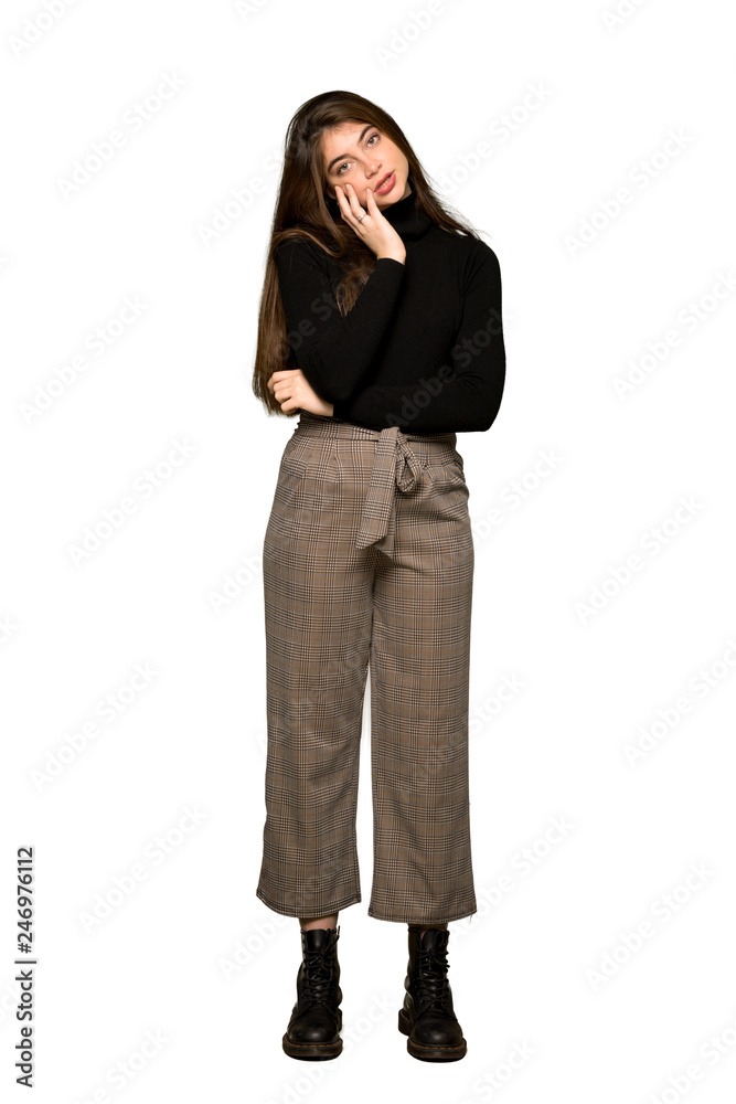 Full-length shot of Pretty girl with toothache on isolated white background Full-length shot of Pretty girl with toothache on isolated white background