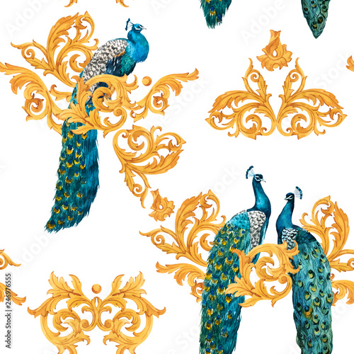 Watercolor peacock golden vector pattern