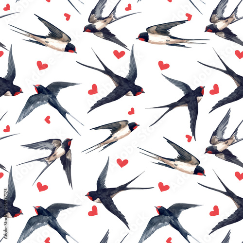 Watercolor swallow vector pattern