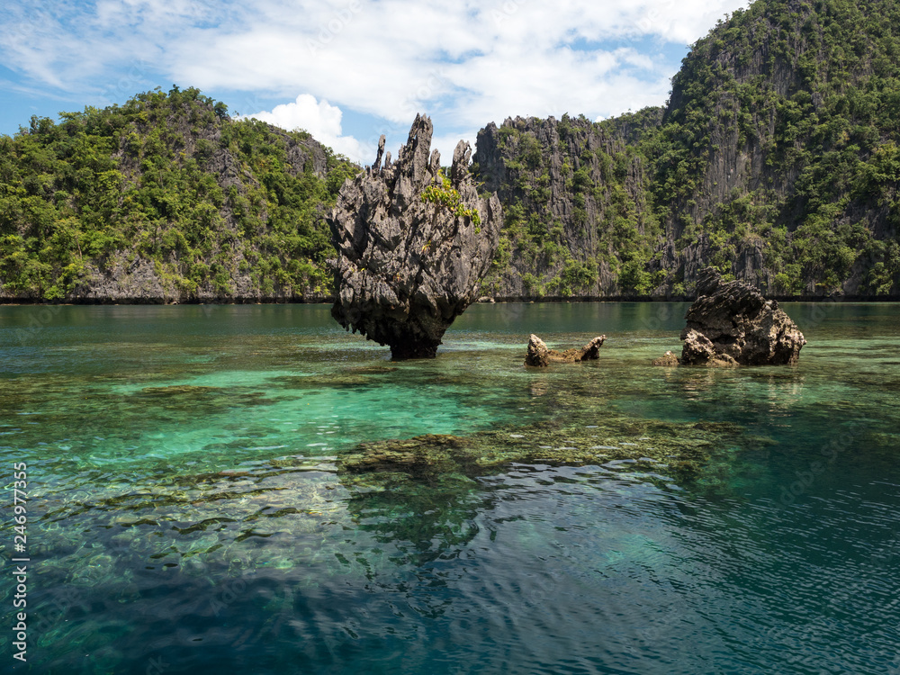 Stones in Barracuda lake on Coron Island, surrounded by limestone cliffs. It's a popular tourist attraction and diving spot at the Philippines. November, 2018 Stones in Barracuda lake on Coron Island, surrounded by limestone cliffs. It's a popular tourist attraction and diving spot at the Philippines. November, 2018