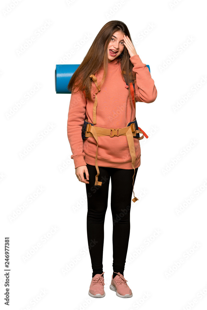 Full-length shot of Hiker girl has just realized something and has intending the solution on isolated white background Full-length shot of Hiker girl has just realized something and has intending the solution on isolated white background