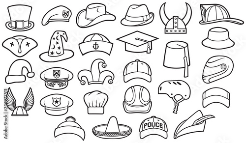 Different types of hats thin line icons set (cowboy, pirate, baseball cap, chef, police officer, military beret, wizard, Robin Hood, viking helmet, sombrero, captain, cyclist)