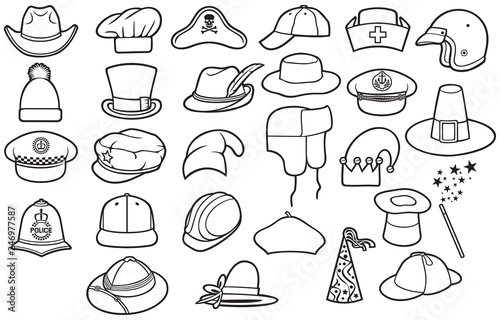 Different types of hats thin line icons set (cowboy, pirate, baseball cap, gentleman, chef, medical nurse, police officer, beret, magician, safari, hunter,pilgrim)
