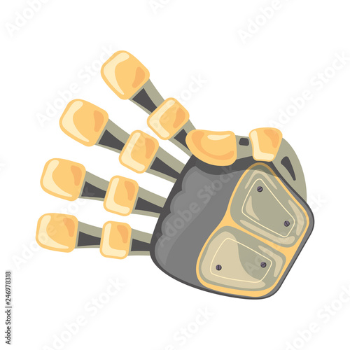 Robot hand. Mechanical technology machine engineering symbol. Hand gestures. Four number. Pointer. Fourth. Artificial Intelligence futuristic design. Vector illustration on the white background.