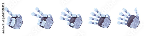 Robot hand gestures. Robotic hands. Mechanical technology machine engineering symbol. Hand gestures set. Futuristic design. Signs. One two three four five Vector illustration on the white background.