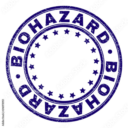 BIOHAZARD stamp seal imprint with grunge texture. Designed with circles and stars. Blue vector rubber print of BIOHAZARD caption with grunge texture.