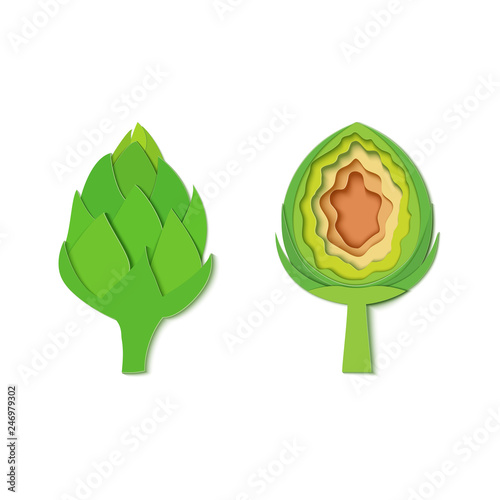 Set of paper cut green artichokes. Vector paper craft design in the form of ripe artichoke whole and slice. Vector illustration. Paper applique art style vegetable. Origami concept