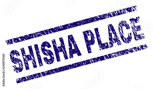 SHISHA PLACE seal watermark with grunge style. Blue vector rubber print of SHISHA PLACE caption with grunge texture. Text caption is placed between parallel lines.