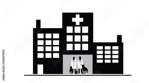 Illustration of icon hospital for animal. Vector silhouette on white background. Symbol of veterinary for dog and cat.