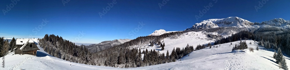 Panoramic winter landscape with old wooden hut  in the mountains.
