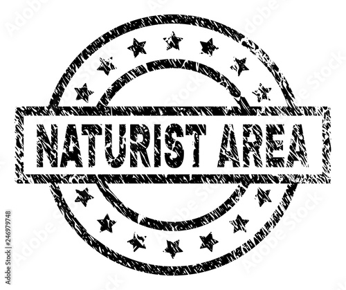NATURIST AREA stamp seal watermark with distress style. Designed with rectangle, circles and stars. Black vector rubber print of NATURIST AREA tag with retro texture.