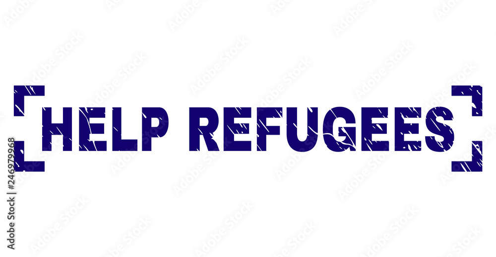 HELP REFUGEES label seal print with grunge texture. Text label is placed between corners. Blue vector rubber print of HELP REFUGEES with grunge texture. HELP REFUGEES label seal print with grunge texture. Text label is placed between corners. Blue vector rubber print of HELP REFUGEES with grunge texture.