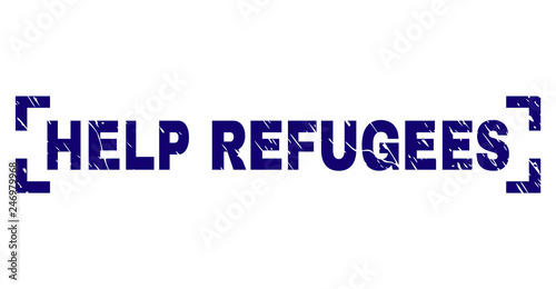 HELP REFUGEES label seal print with grunge texture. Text label is placed between corners. Blue vector rubber print of HELP REFUGEES with grunge texture.