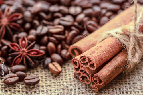 aroma coffee. ingredients. coffee beans, anise, cardamon, cinnamon photo