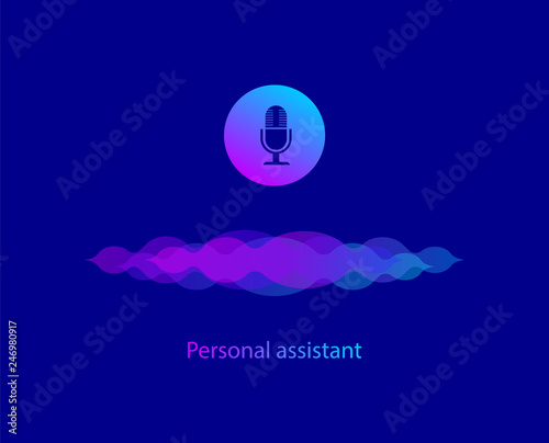 Personal assistant and voice recognition Sound waves. Microphone button.