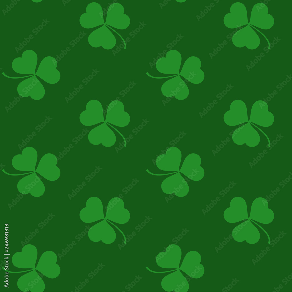 Vector pattern with green clover leaves on the green background. texture of Shamrock leaf for holiday Saint Patricks day Vector pattern with green clover leaves on the green background. texture of Shamrock leaf for holiday Saint Patricks day