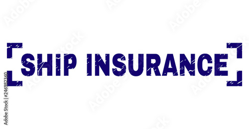 SHIP INSURANCE text seal watermark with corroded style. Text tag is placed between corners. Blue vector rubber print of SHIP INSURANCE with corroded texture.