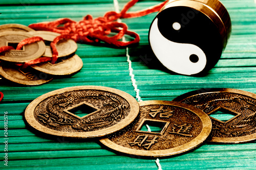Fototapeta chinese good luck coins with yin yang like Feng Shui, I Ching,  and china astrol