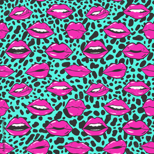 Beauty, makeup, cosmetic fashion seamless pattern. Vector red pink color doodle lips patches in pop art 80s-90s style. Woman's sexy emotions mouth.