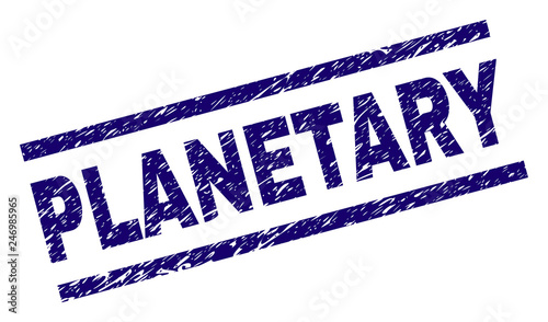 PLANETARY seal watermark with grunge style. Blue vector rubber print of PLANETARY text with dirty texture. Text label is placed between parallel lines.