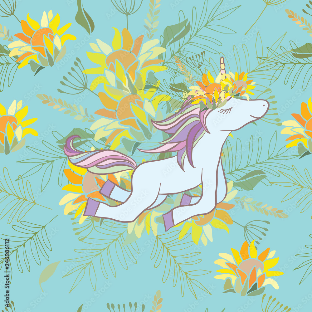 Obraz premium Retro style botanical illustration with flowers and animal. Delicate background with floral composition