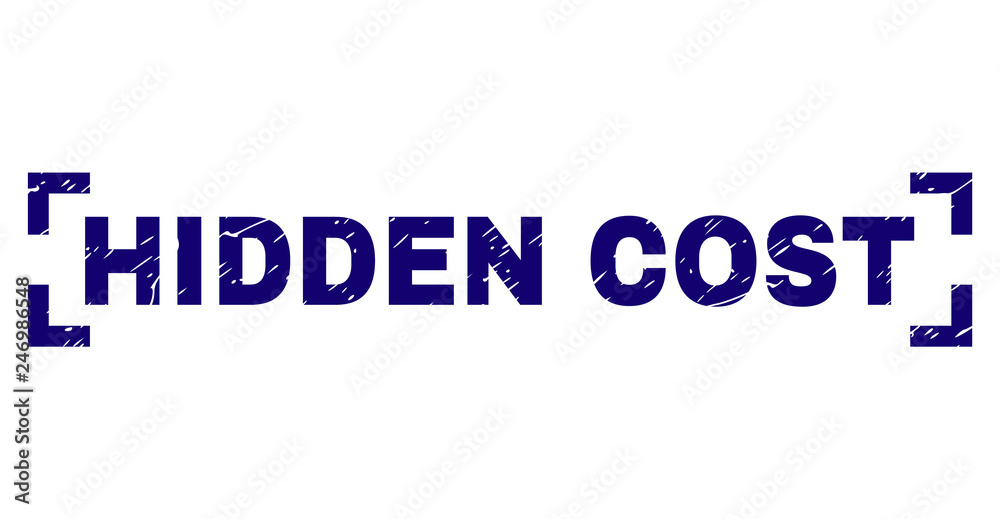 HIDDEN COST title seal print with grunge style. Text tag is placed inside corners. Blue vector rubber print of HIDDEN COST with grunge texture.