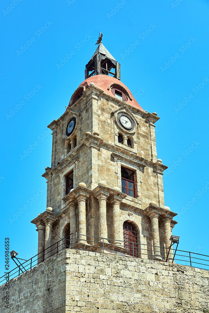 The historic clock tower in the city of Rhodes on the island of Rhodes.
