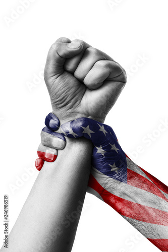 Fist painted in colors of Aamerican flag, fist flag, country of Aamerican
