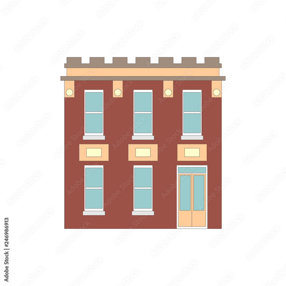 Cartoon classic flat colorful building facade on white background. Architecture icon highly detailed city front view abstract house. Skyscraper construction. Vector illustration Cartoon classic flat colorful building facade on white background. Architecture icon highly detailed city front view abstract house. Skyscraper construction. Vector illustration