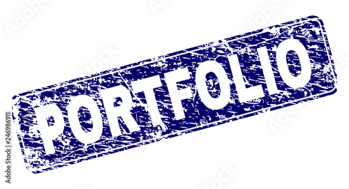 PORTFOLIO stamp seal print with distress texture. Seal shape is a rounded rectangle with frame. Blue vector rubber print of PORTFOLIO caption with unclean texture.