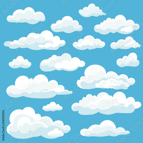 Zestaw ikon kreskówka biały chmury na białym tle na niebieskim tle. Cloudscape w stylu płaski. Niebieskie niebo chmura symbol pogody. Wektorowa ilustracyjna chmurna panorama