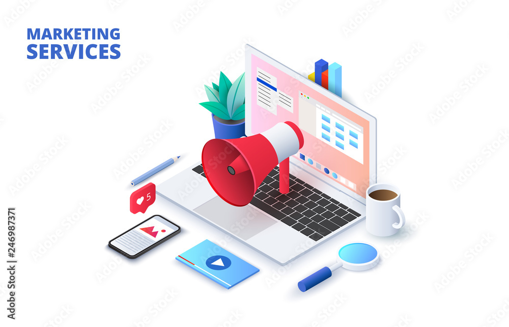 Marketing design concept with laptop, loudspeaker and other elements. Isometric vector illustration. Landing page template for web