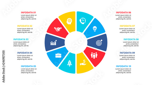 Flat circle element for infographic with 10 parts, options or steps. Template for cycle diagram, graph, presentation and chart