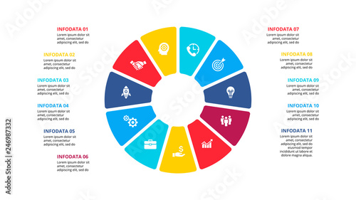 Flat circle element for infographic with 11 parts, options or steps. Template for cycle diagram, graph, presentation and chart