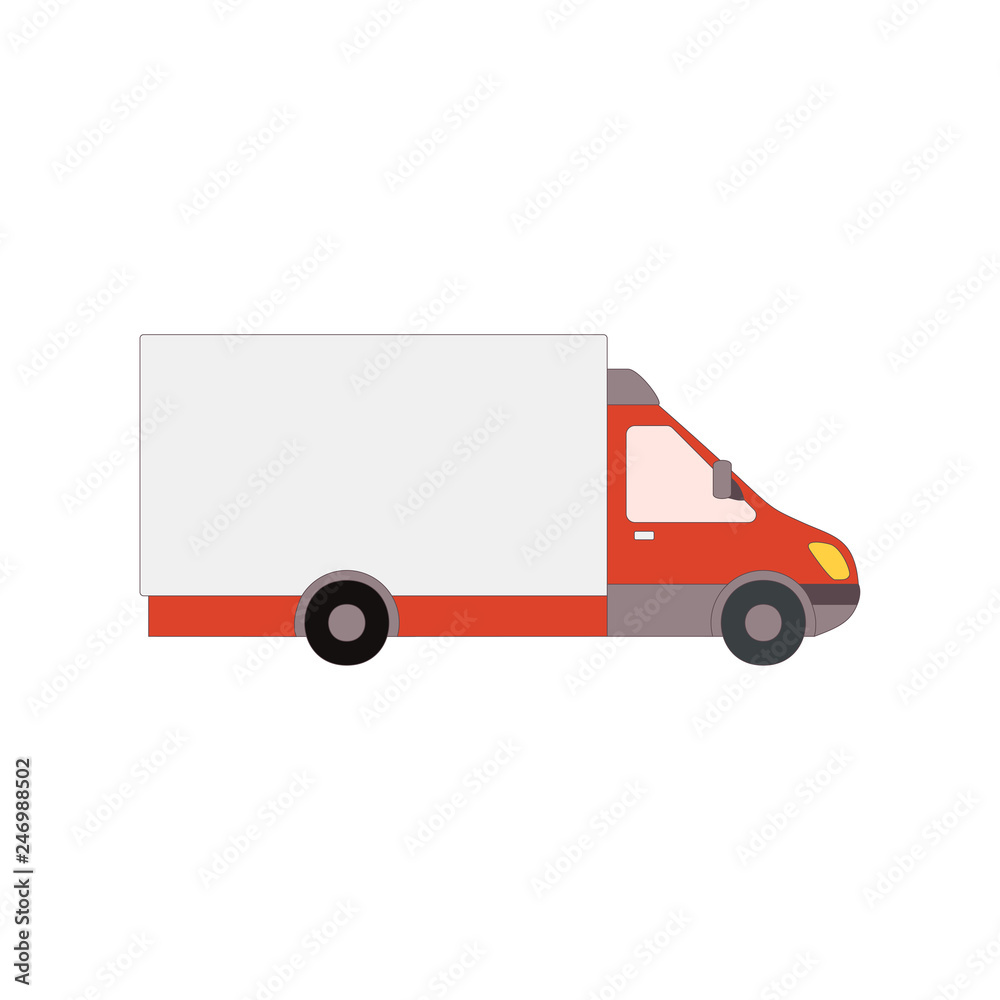 Small truck side view. Delivery red van mockup. Vector commercial transport Small truck side view. Delivery red van mockup. Vector commercial transport