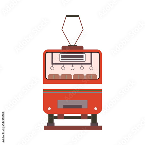 Red tram back view in flat style. Vector illustration